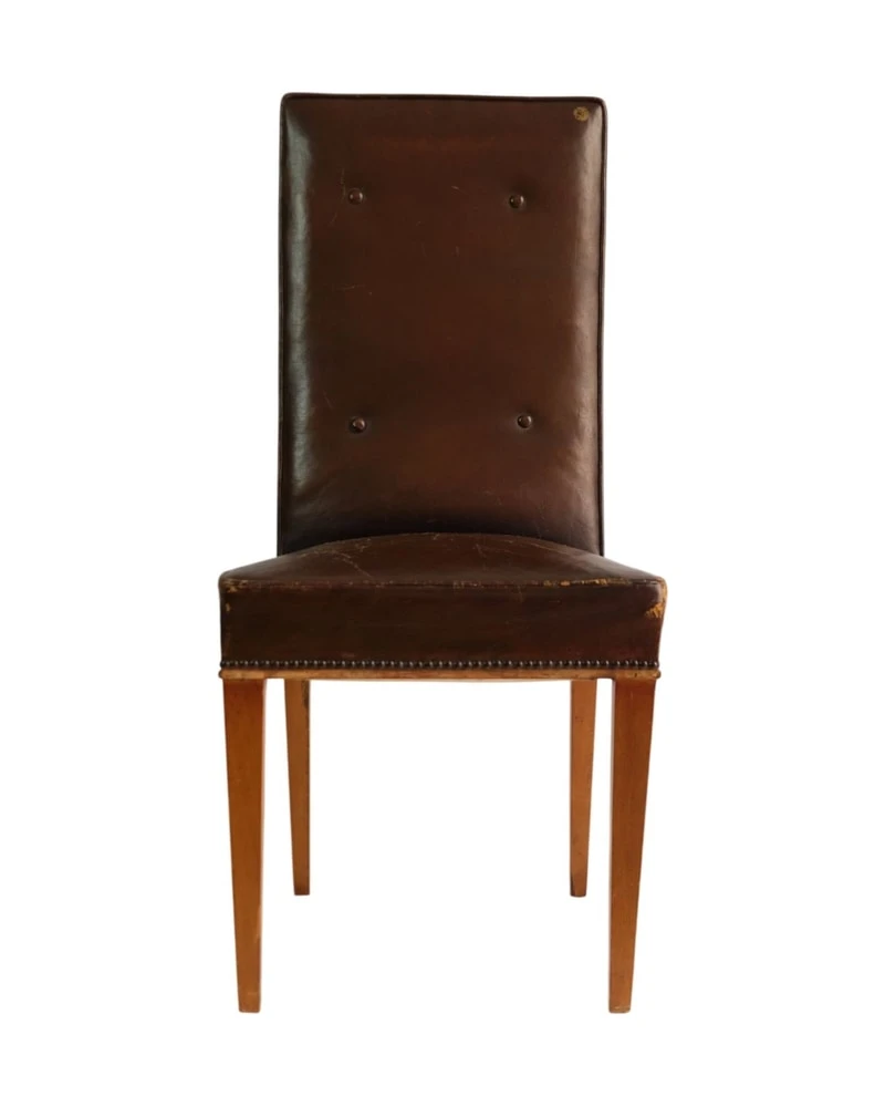Silla Tapizada del Mediados del Siglo XX en Madera y Cuero, Sillas y Asientos, Primera mitad del siglo XX
