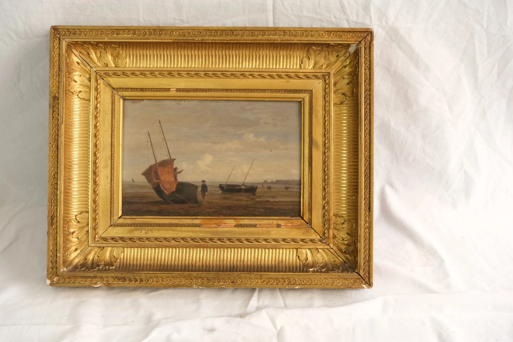 Cuadro del Siglo XIX con Paisaje Marítimo y Barcos, Arte y Pintura, Siglo XIX