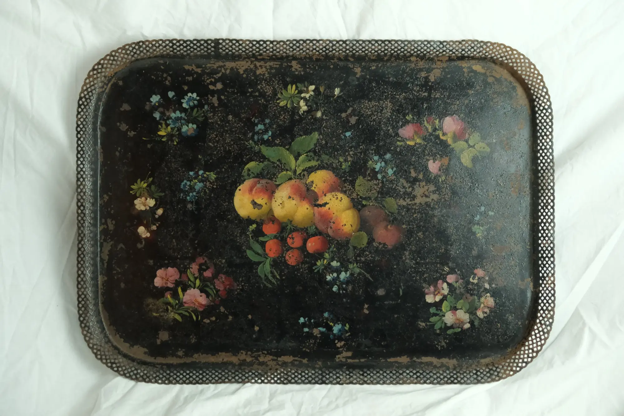 Bandeja Antiguo del Siglo XIX con Pintura de Frutas, Objetos Decorativos, Siglo XIX