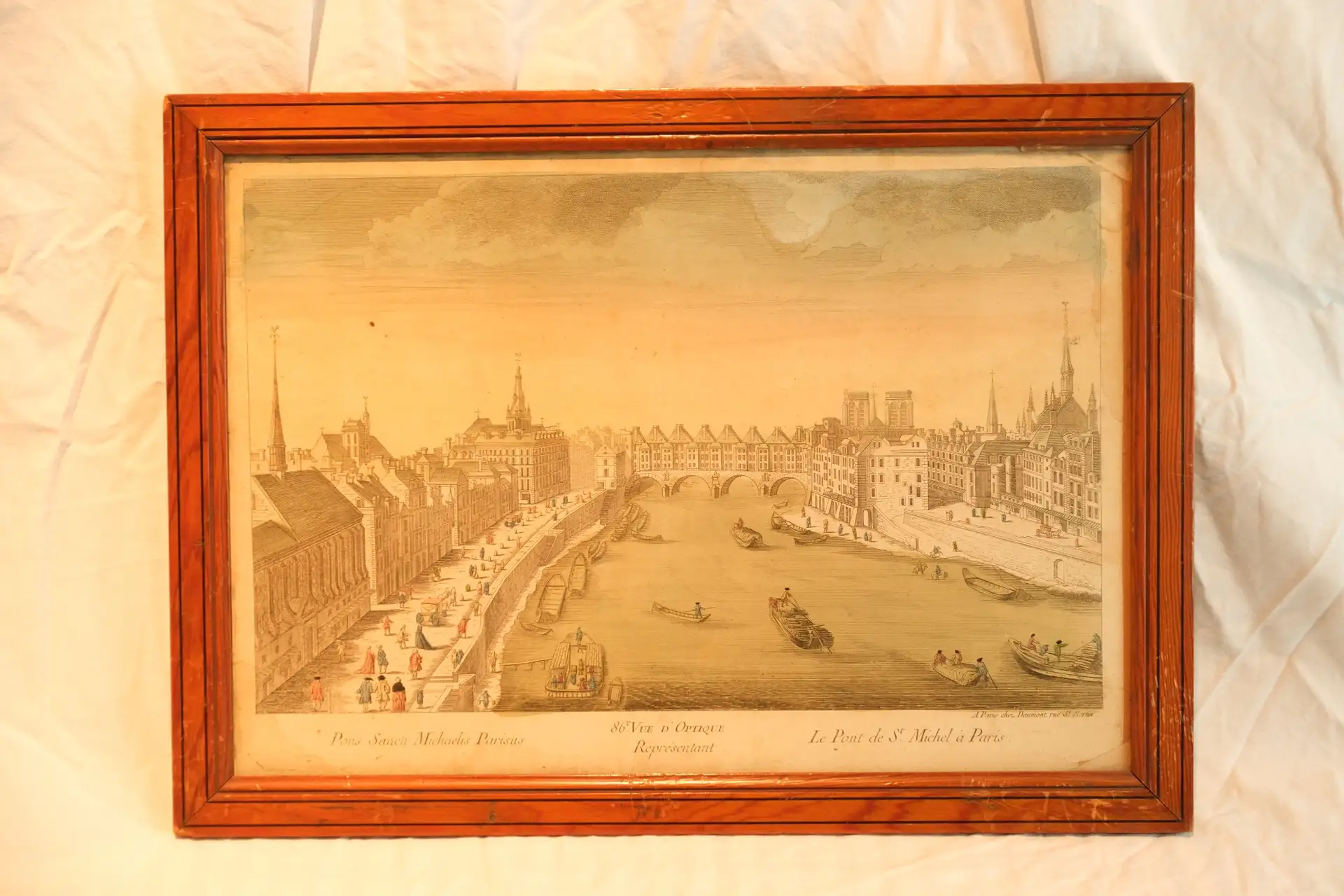Grabado del Siglo XIX de París con Marco de Madera