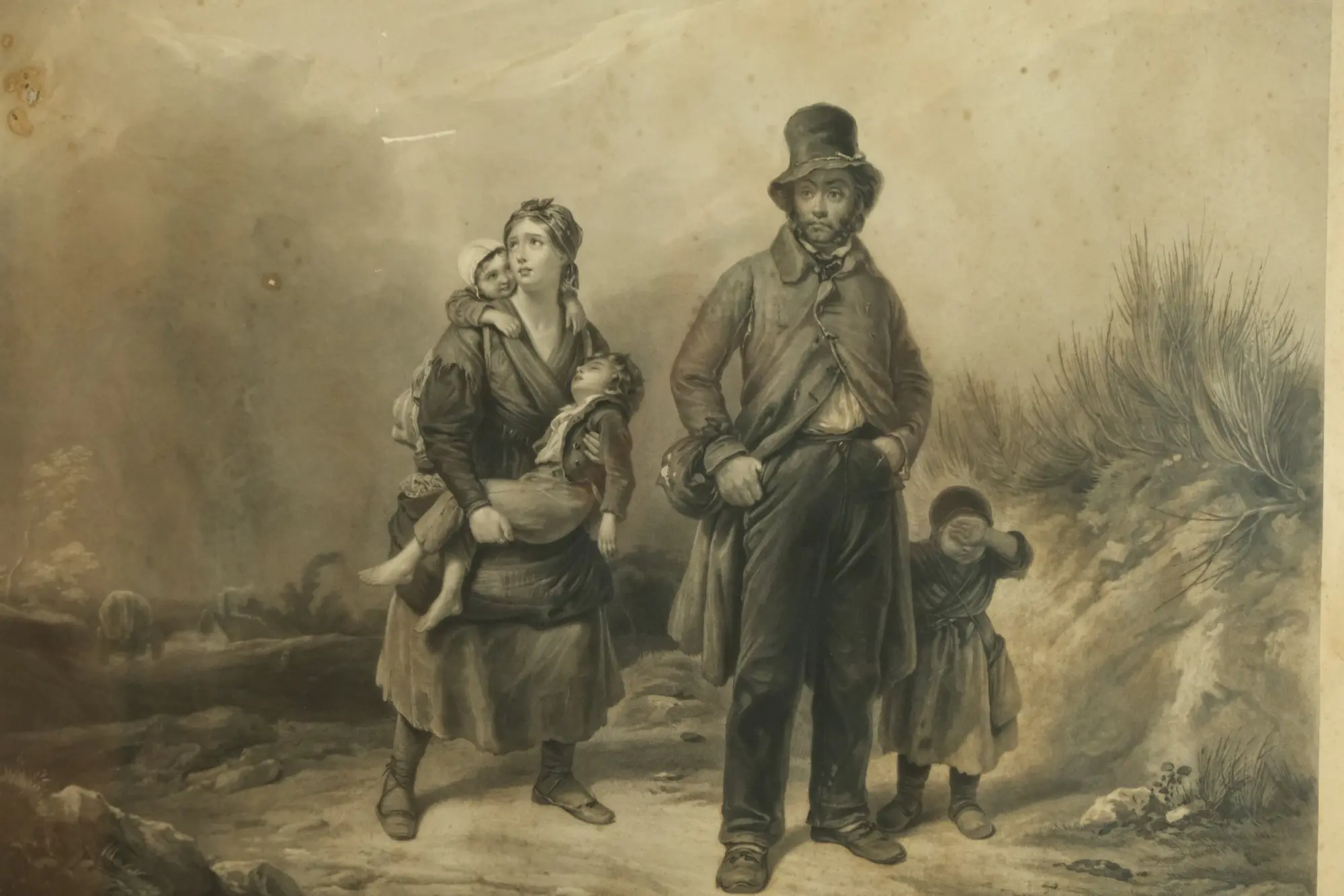 Grabado del Siglo XIX en Marco Dorado con Familia, Arte y Pintura, Siglo XIX · vista 3/8