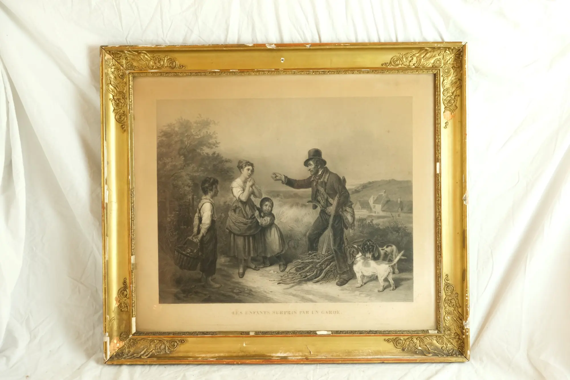 Litografía del Siglo XIX con Escena Campesina y Perros, Arte y Pintura, Siglo XIX