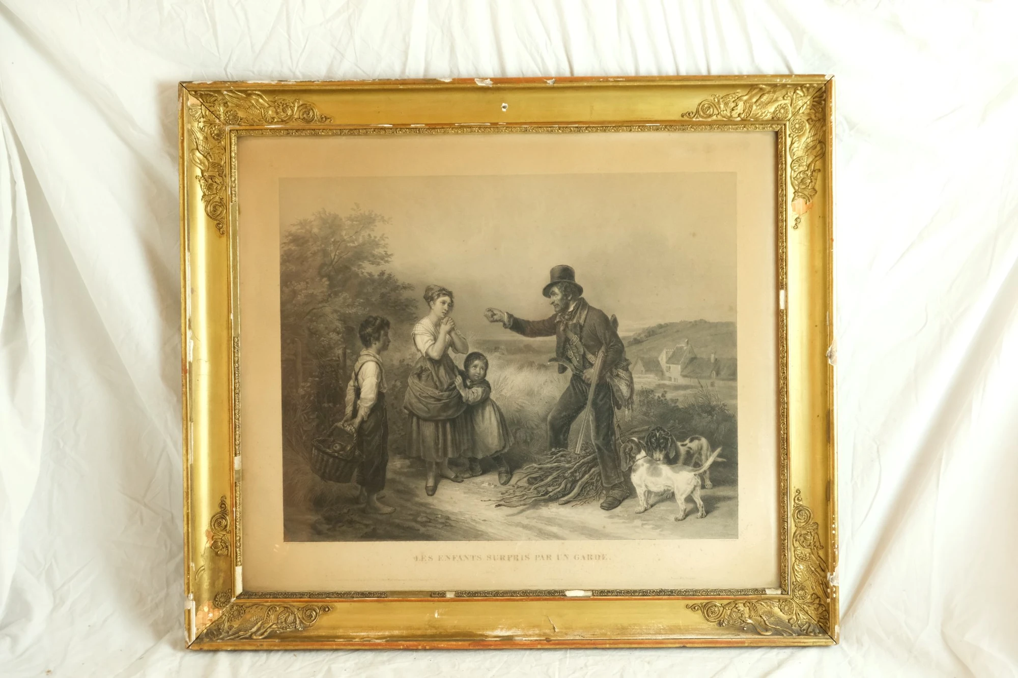 Litografía del Siglo XIX con Escena Campesina y Perros, Arte y Pintura, Siglo XIX