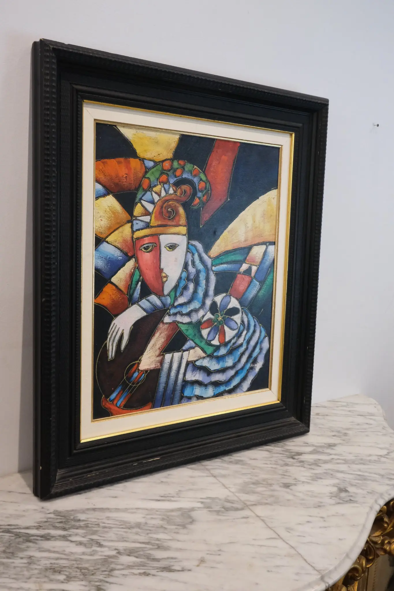Pintura Abstracta de un Arlequin en Marco Negro, Siglo XX · vista 5/8