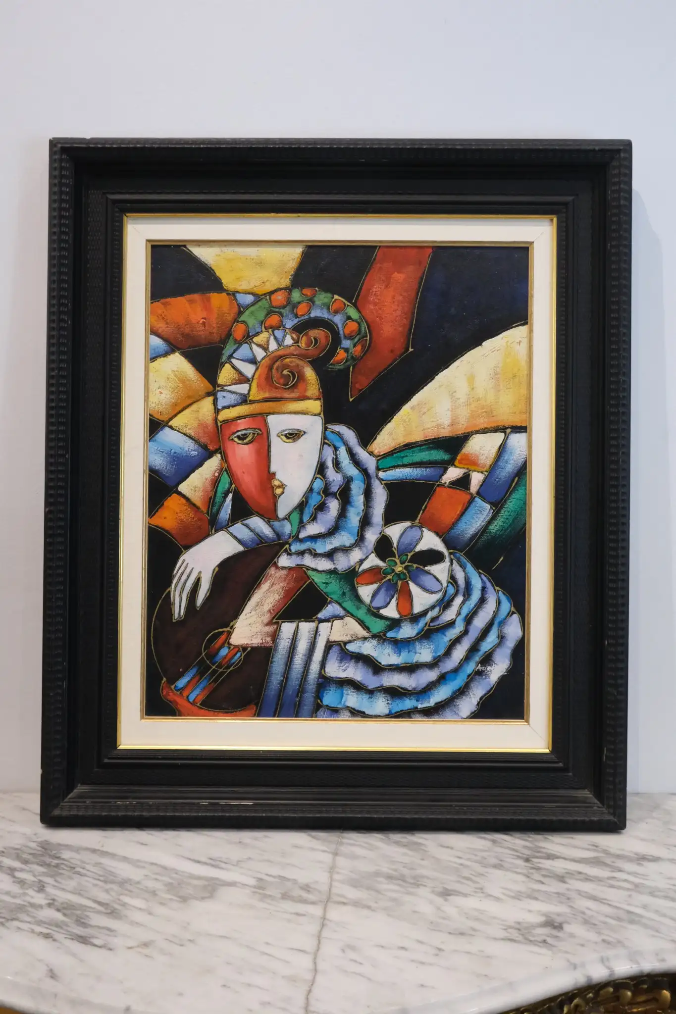 Pintura Abstracta de un Arlequin en Marco Negro, Siglo XX