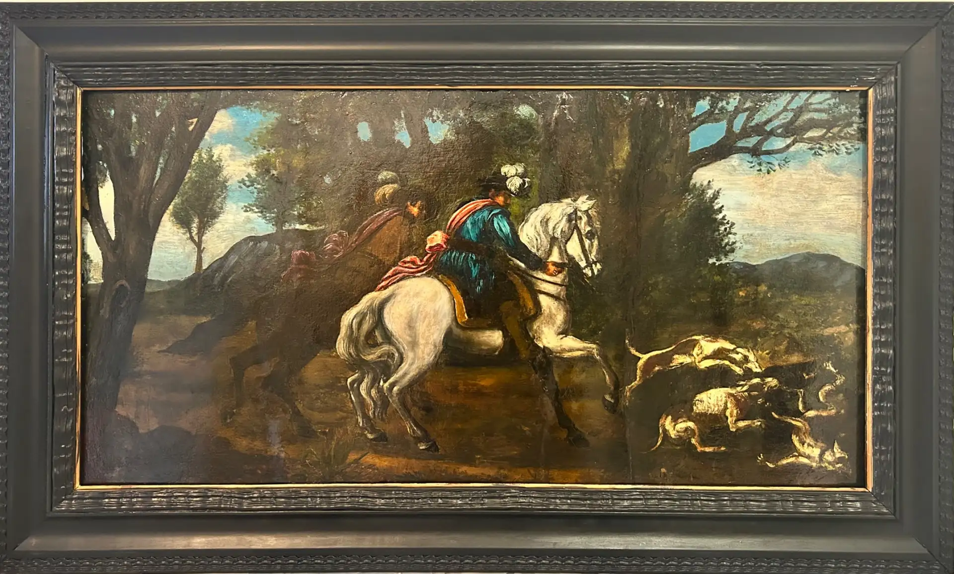 Paisaje de Cacería, Óleo Sobre Tabla, Siglo XVII-XVIII