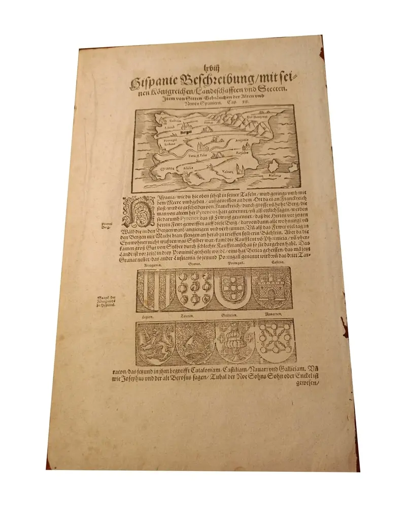Antieke gravure uit 1544, Duitse uitgave van Spanje door Münster