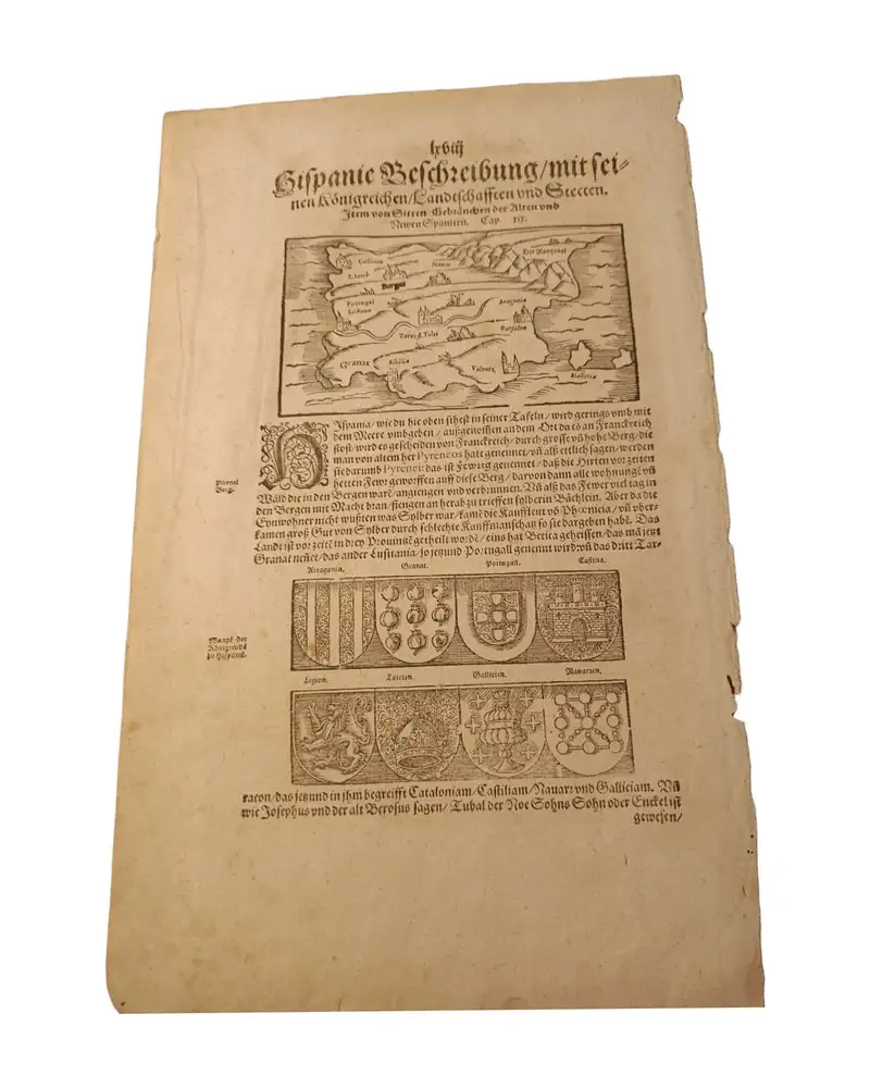Loose Leaf with Description of Hispania and Scotland, Antique Engraving 1544 German Edition