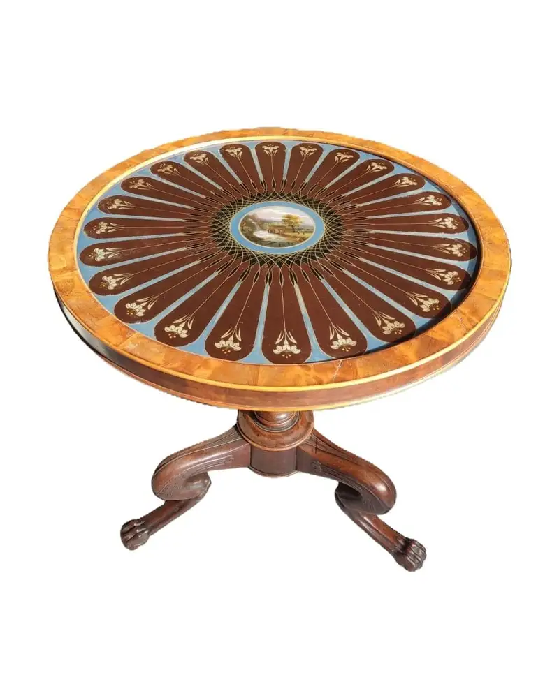 Mesa de Caoba del Siglo XIX en Cristal Pintado al Revés