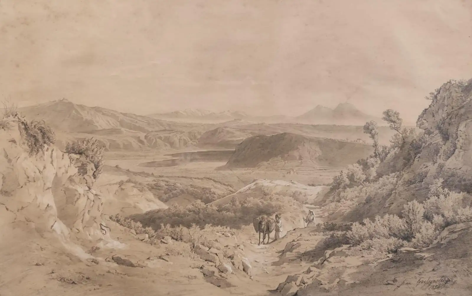 Dibujo de Paisaje Napolitano de Juan Grossgasteiger, 1854