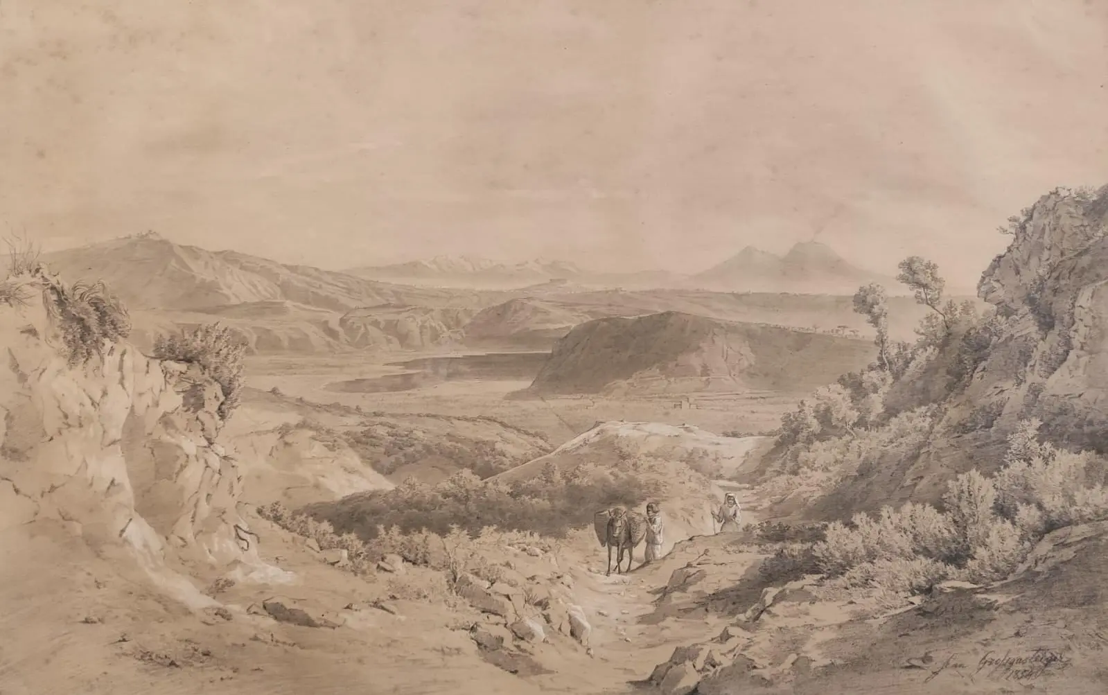 Dibujo de Paisaje Napolitano de Juan Grossgasteiger, 1854, Arte y Pintura, Siglo XIX