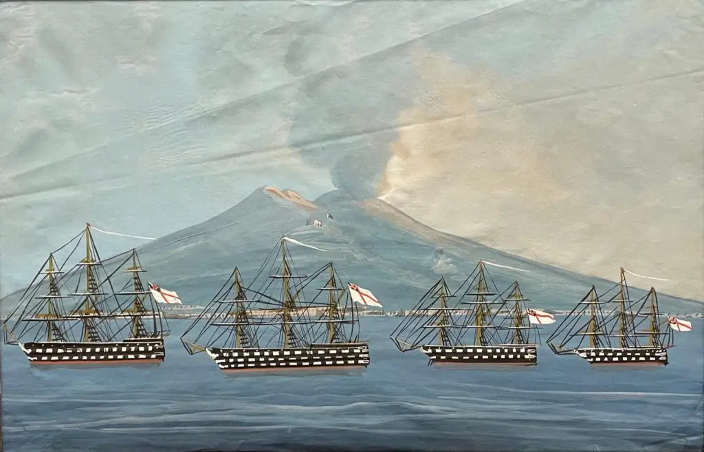 Gouache del Siglo XIX de la Marina Real Británica frente al Vesubio, Arte y Pintura, Siglo XIX