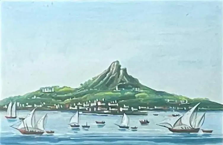 Pintura Gouache del Siglo XX con Vista Costera y Barcos