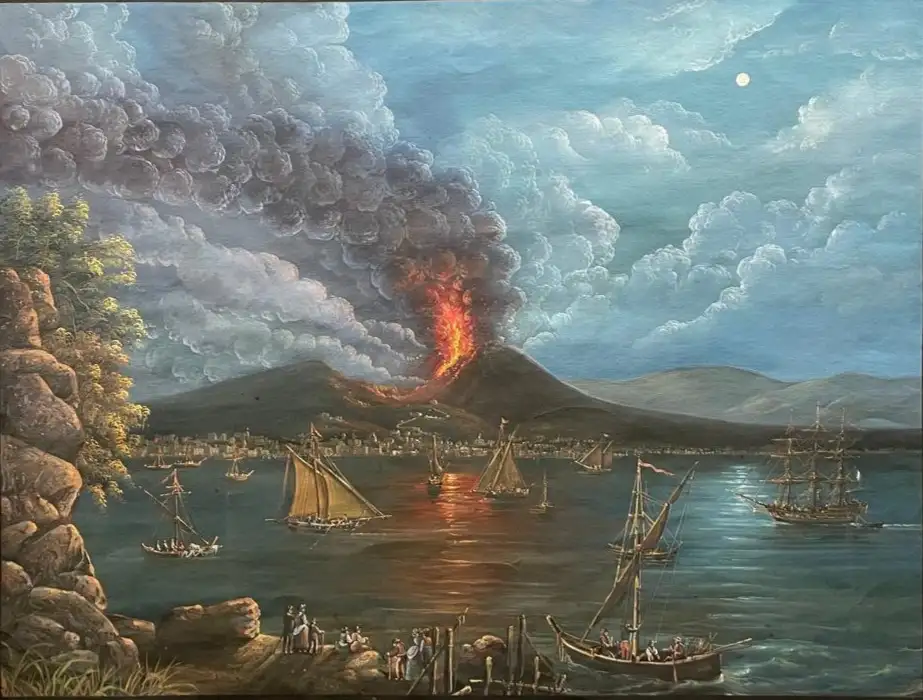 Vista Nocturna del Puerto de Torre del Greco con el Vesubio en Erupción del Siglo XIX