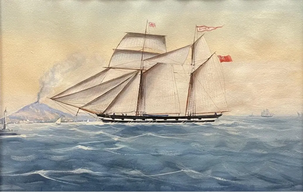 Dibujo de barco de vela del Siglo XIX frente al Vesubio, Arte y Pintura, Siglo XIX