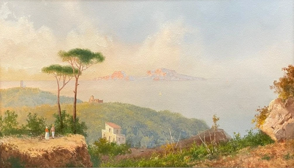 Gouache de La Pira del Siglo XIX Vista desde Sorrento a Capri, Arte y Pintura, Siglo XIX