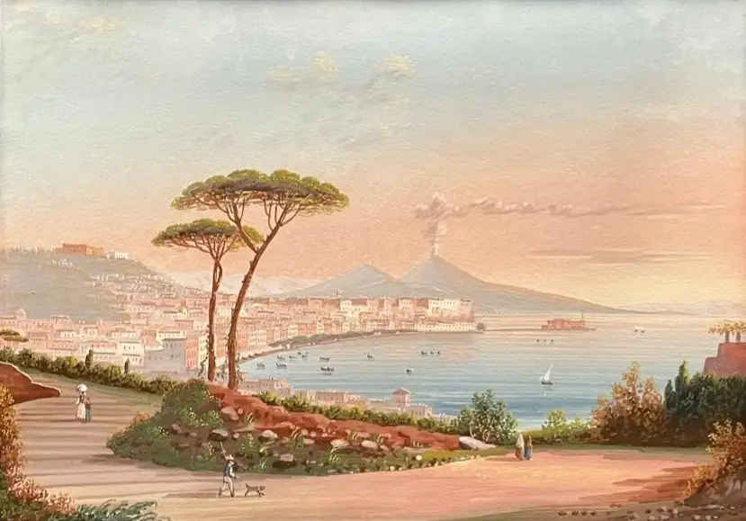 Gouache del Siglo XIX Vista desde Posillipo hacia Nápoles