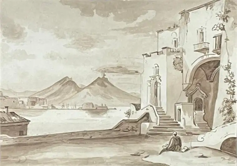 Dibujo de Arquitectura Napolitana del Siglo XIX con Vesubio