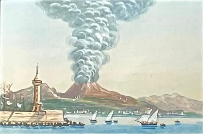 Vista del Vesubio con el faro de Nápoles del Siglo XIX