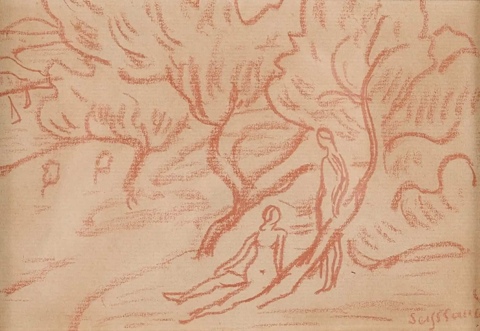 Dibujo de René Seyssaud del Siglo XX – Pareja bajo Árboles