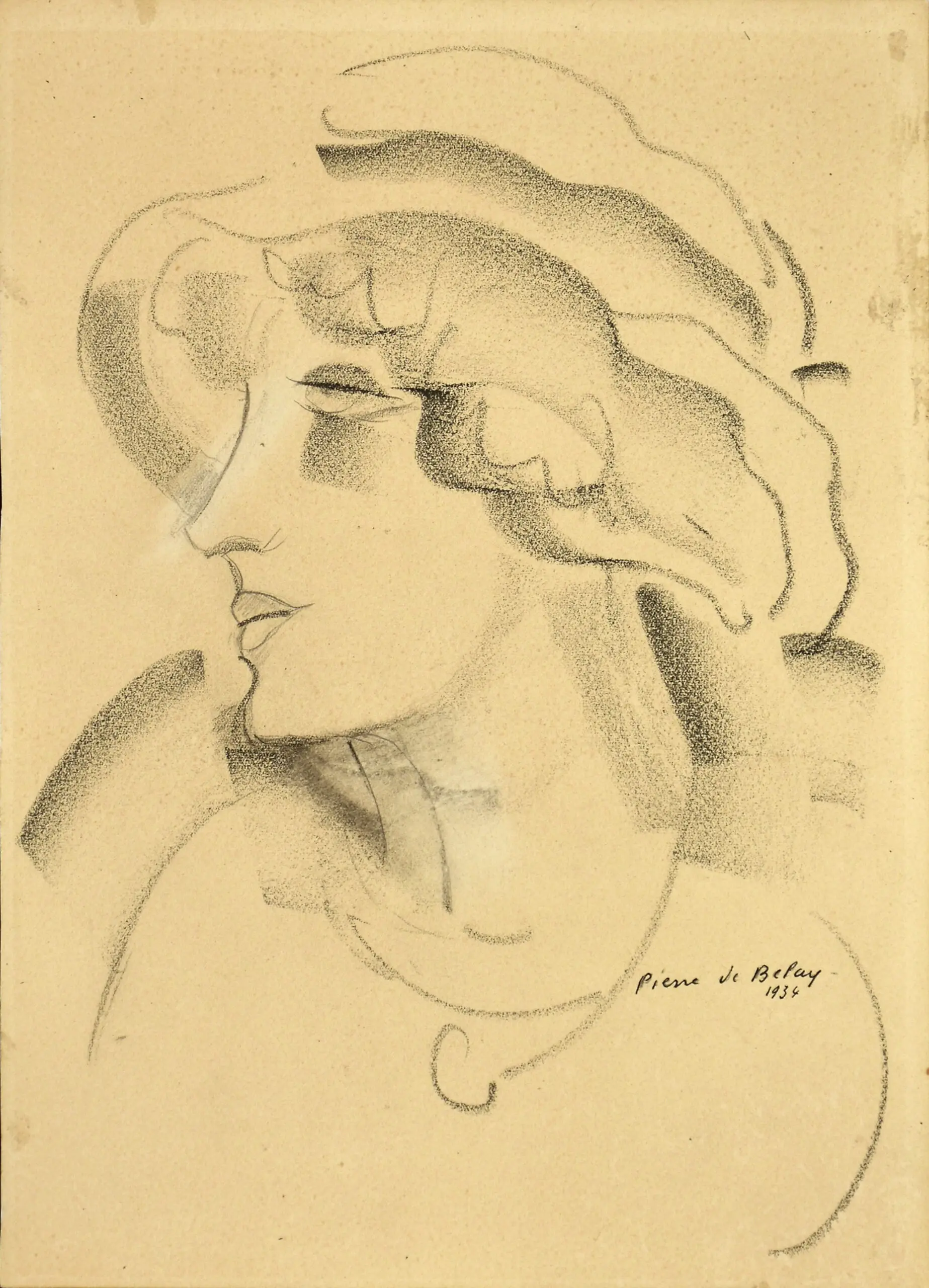 Retrato de Mujer en Perfil con Sombrero de Pierre de Belay, Arte y Pintura, Siglo XX