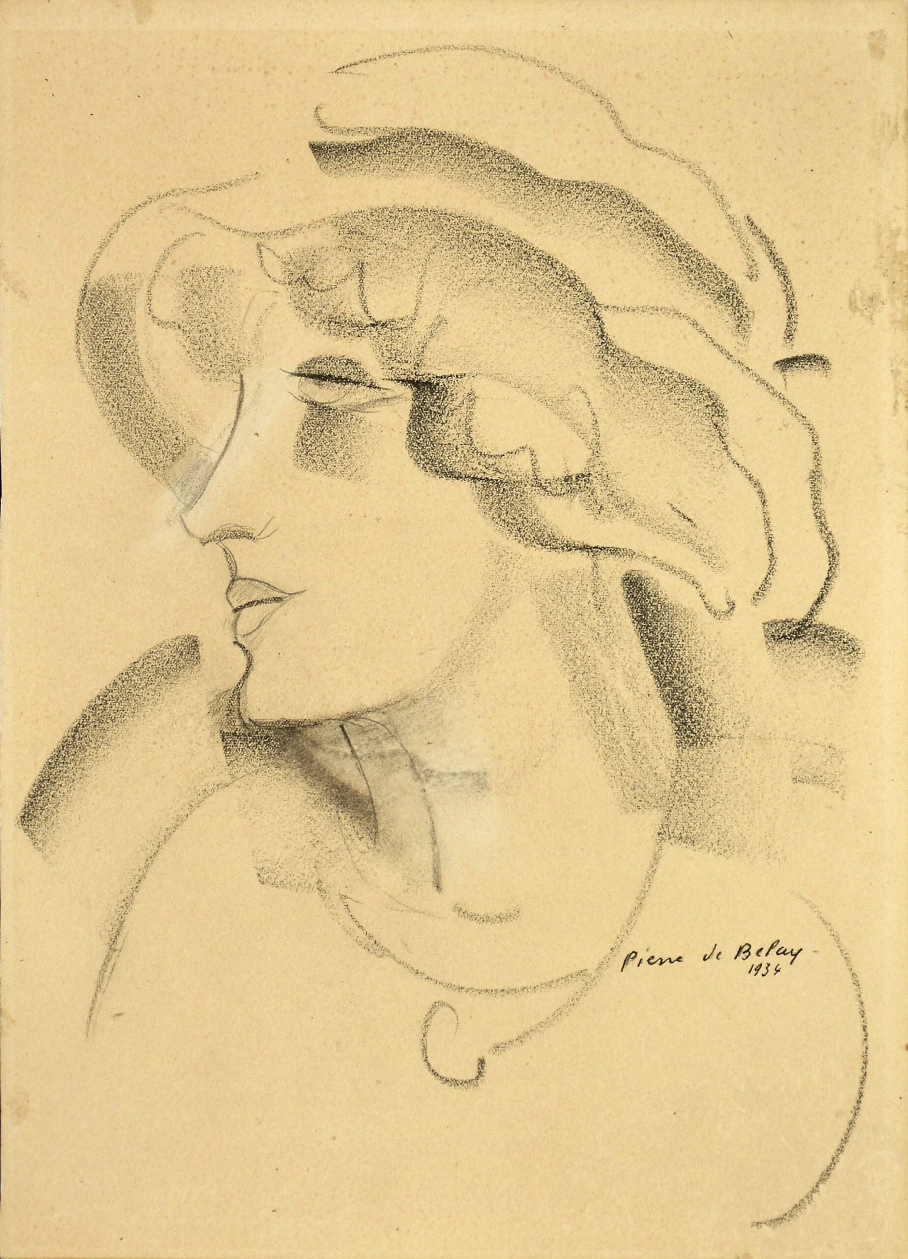 Retrato de Mujer en Perfil con Sombrero de Pierre de Belay, Arte y Pintura, Siglo XX