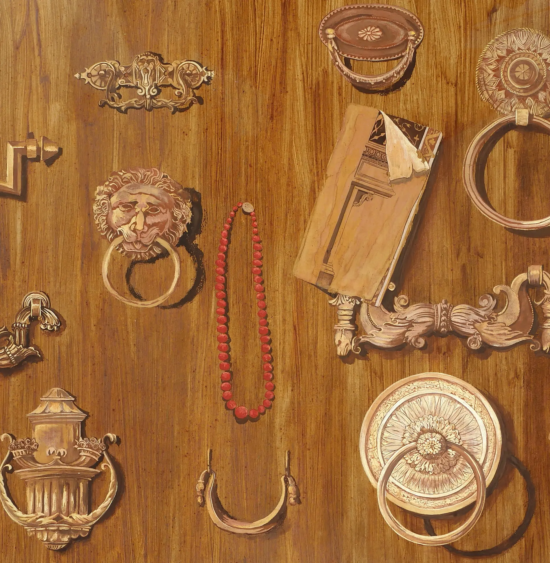 Französisch – Trompe-l'oeil mit Möbelbeschlägen und Schlüssel, Arte y Pintura