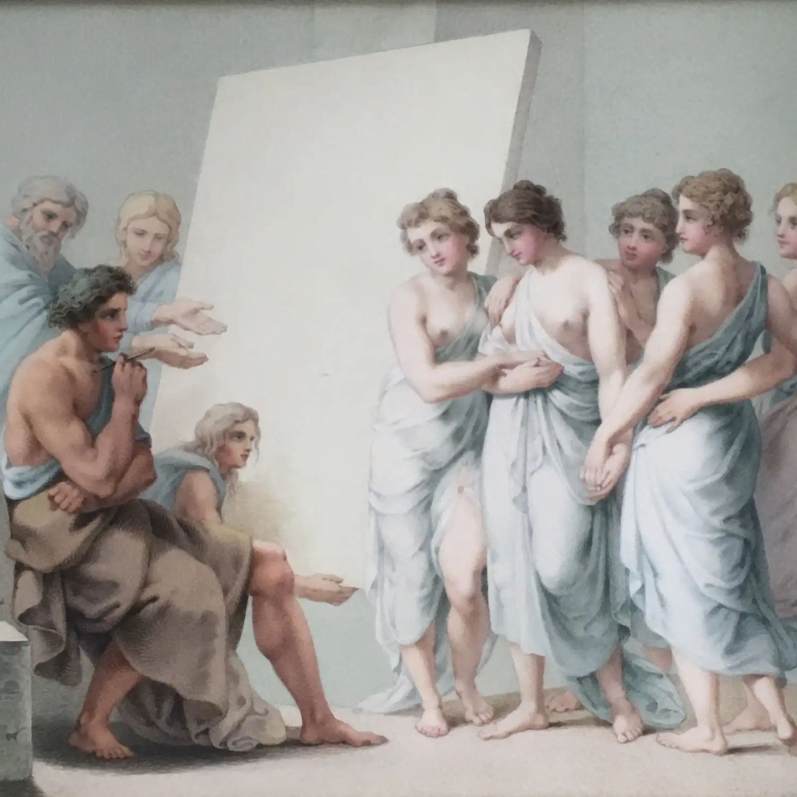 Acuarela de Zeuxis y las Bellas de Kroton del Siglo XVIII