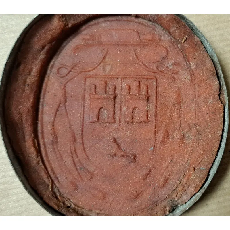 Sello episcopal en lacre con escudo heráldico (Torres). Caja metálica. S. XIX, Siglo XIX · vista 6/8