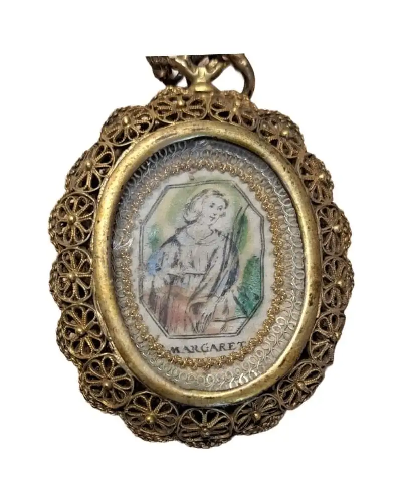 Relicario de plata dorada dedicado a Margaret, Santa Margarita. Siglo XVIII - XIX