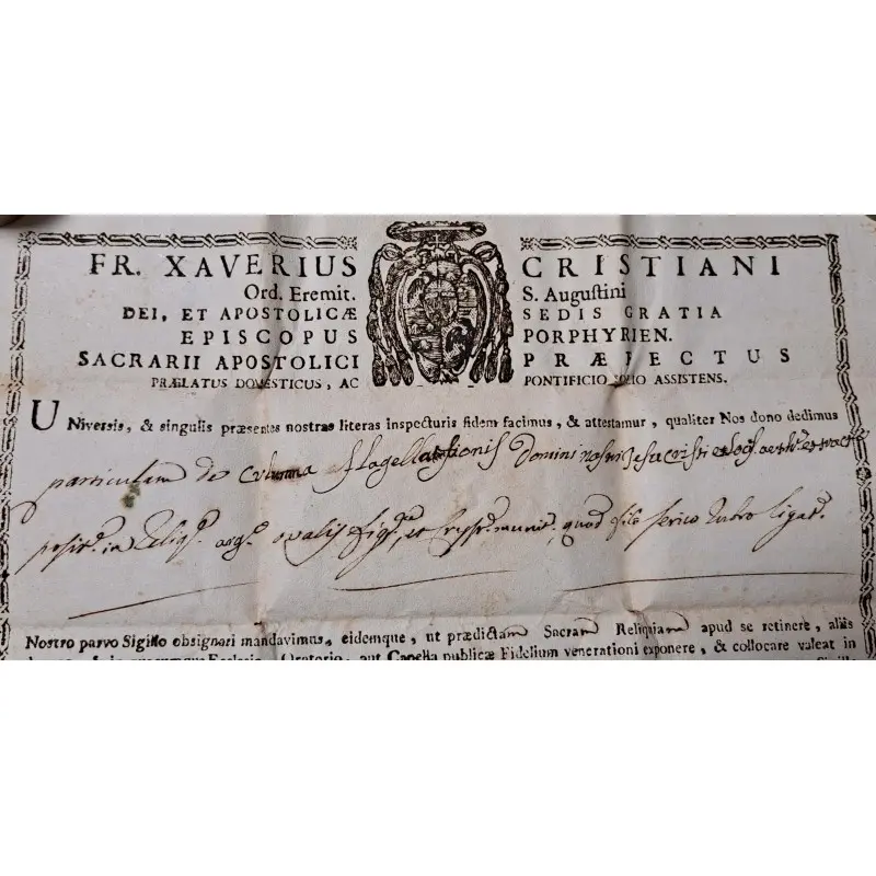 Certificado eclesiástico original de reliquias sagradas fechado en Roma en 1794