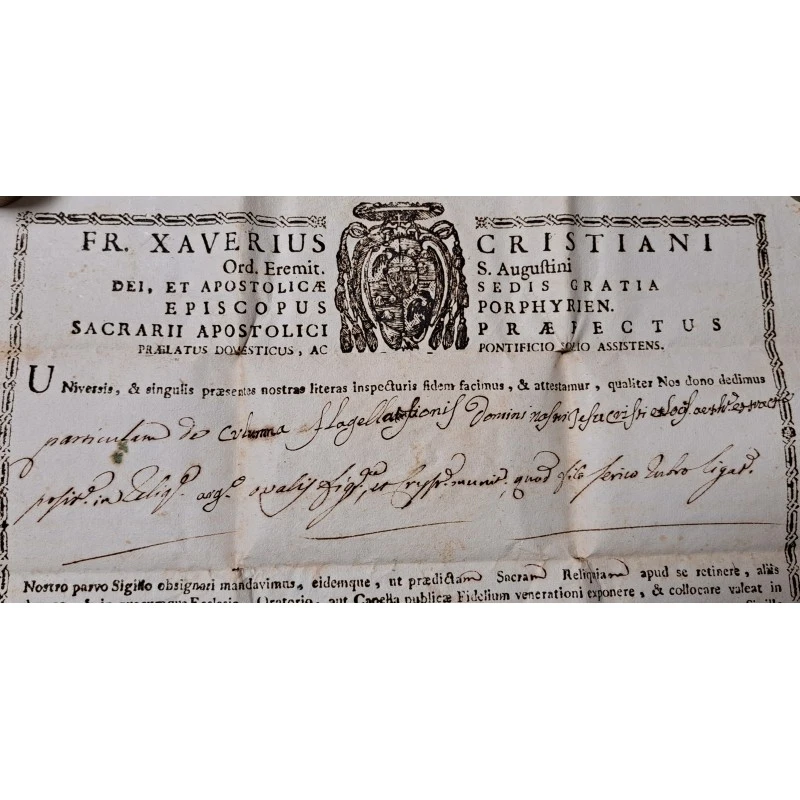 Certificado eclesiástico original de reliquias sagradas fechado en Roma en 1794