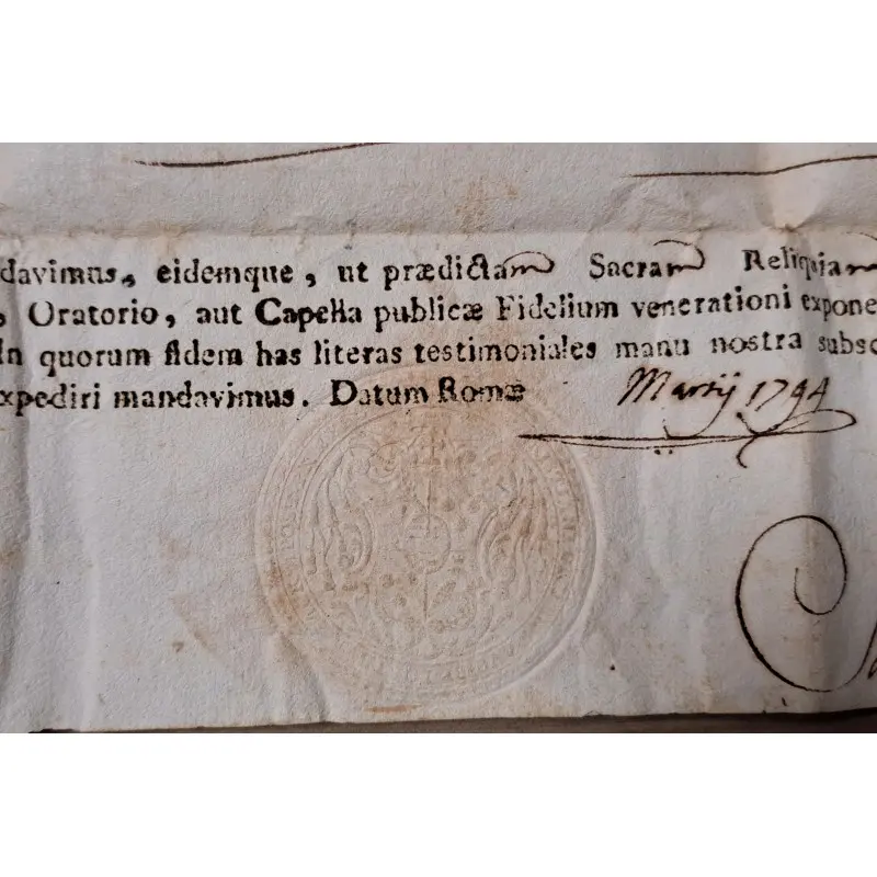 Certificado eclesiástico original de reliquias sagradas fechado en Roma en 1794 · vista 4/8
