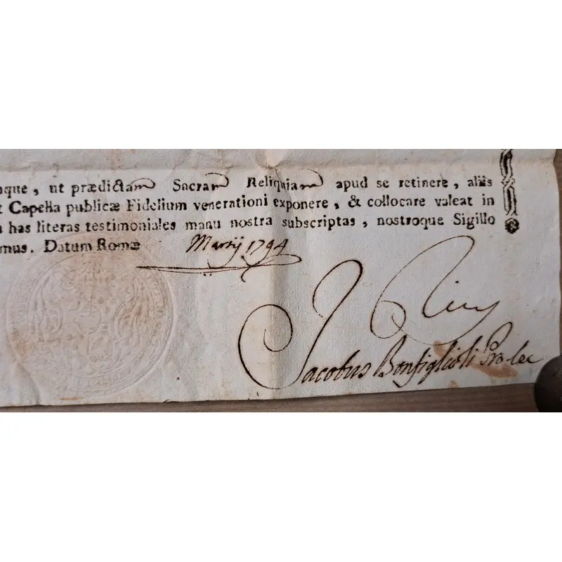 Certificado eclesiástico original de reliquias sagradas fechado en Roma en 1794 · vista 5/8