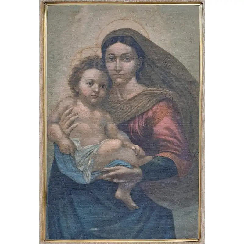 Virgen María con Niño Jesús pintura al óleo sobre arpillera, principios del siglo XX