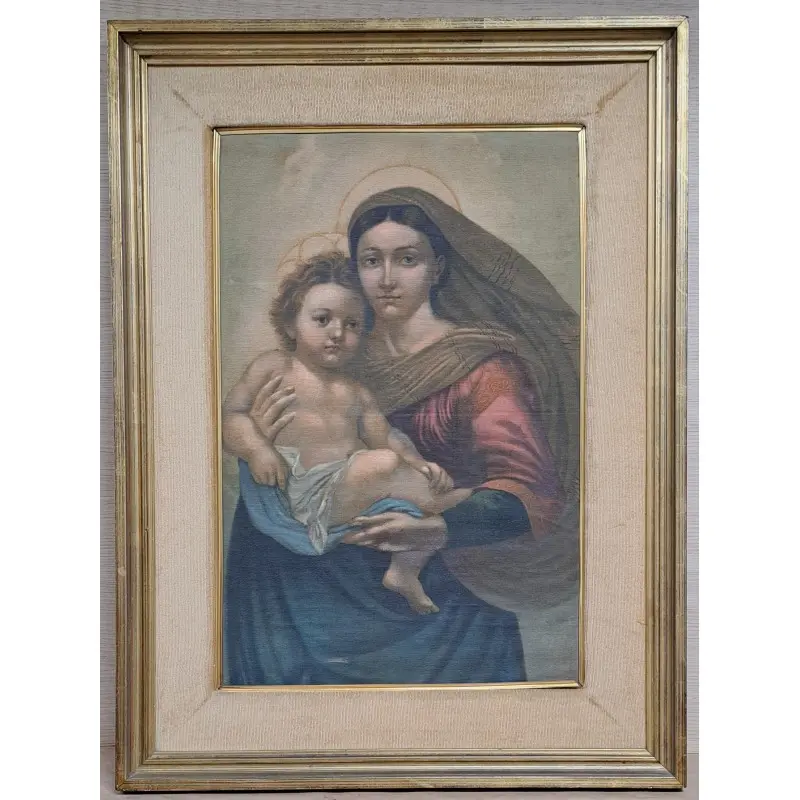 Virgen María con Niño Jesús pintura al óleo sobre arpillera, principios del siglo XX, Siglo XX · vista 2/7