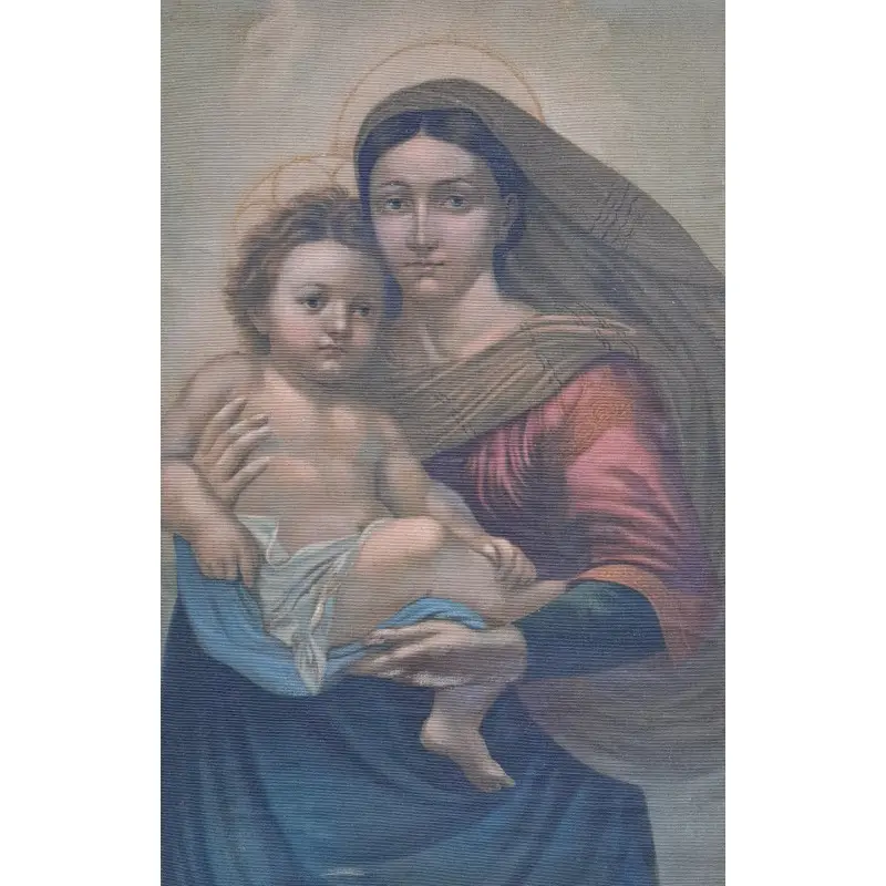 Virgen María con Niño Jesús pintura al óleo sobre arpillera, principios del siglo XX, Siglo XX · vista 3/7