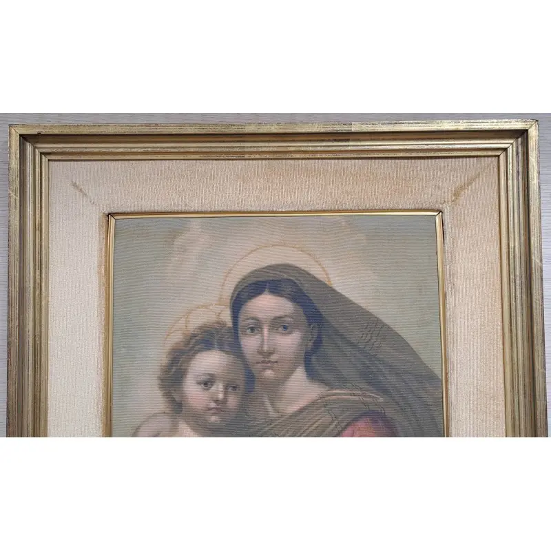 Virgen María con Niño Jesús pintura al óleo sobre arpillera, principios del siglo XX, Siglo XX · vista 4/7