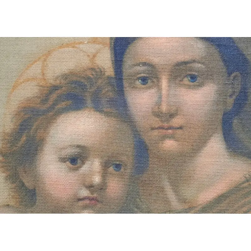 Virgen María con Niño Jesús pintura al óleo sobre arpillera, principios del siglo XX, Siglo XX · vista 6/7