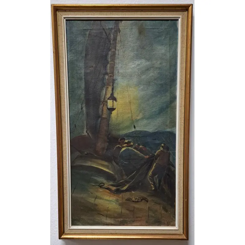 Óleo sobre lienzo, Pesca nocturna. Firmado M. Fradera, principios del siglo XX, Siglo XX