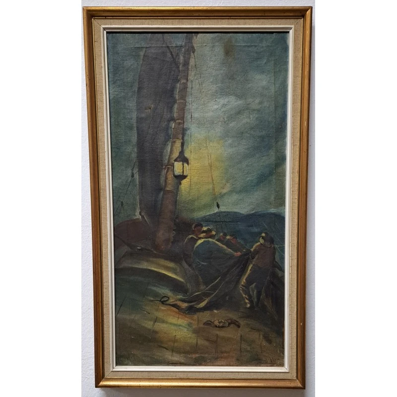 Óleo sobre lienzo, Pesca nocturna. Firmado M. Fradera, principios del siglo XX, Siglo XX