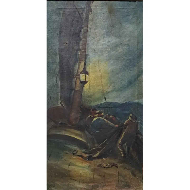 Óleo sobre lienzo, Pesca nocturna. Firmado M. Fradera, principios del siglo XX, Siglo XX · vista 2/12