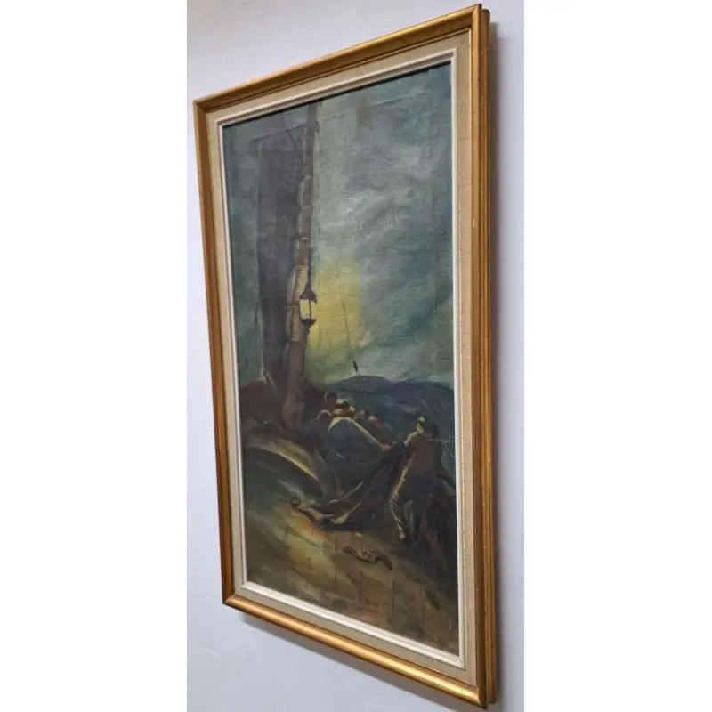 Óleo sobre lienzo, Pesca nocturna. Firmado M. Fradera, principios del siglo XX, Siglo XX · vista 11/12