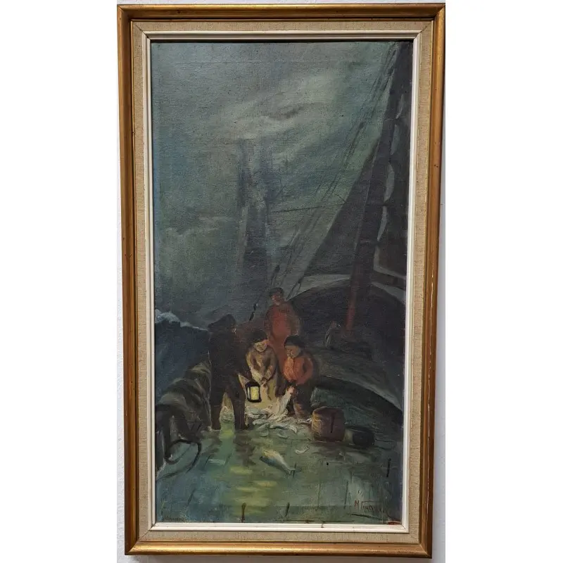 Óleo sobre lienzo, Pesca nocturna. Firmado M. Fradera, escuela catalana, Siglo XX