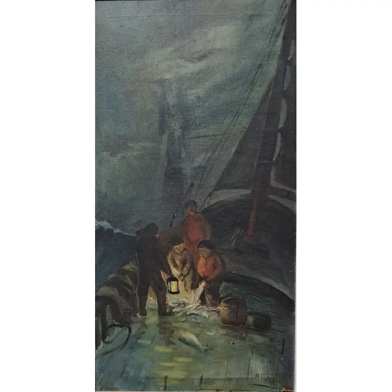 Óleo sobre lienzo, Pesca nocturna. Firmado M. Fradera, escuela catalana, Siglo XX · vista 2/11