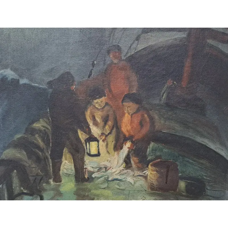 Óleo sobre lienzo, Pesca nocturna. Firmado M. Fradera, escuela catalana, Siglo XX · vista 5/11