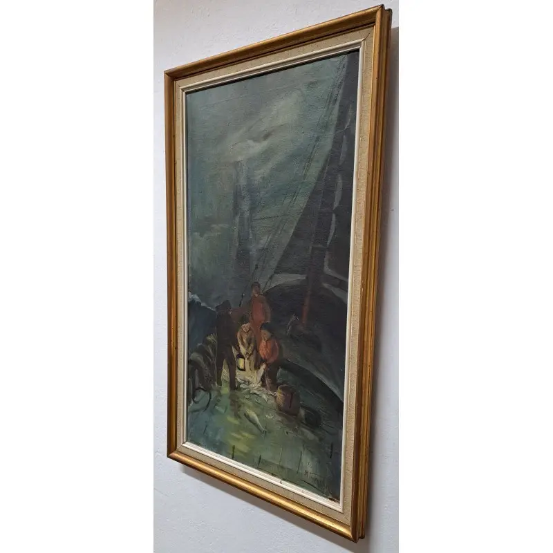 Óleo sobre lienzo, Pesca nocturna. Firmado M. Fradera, escuela catalana, Siglo XX · vista 8/11