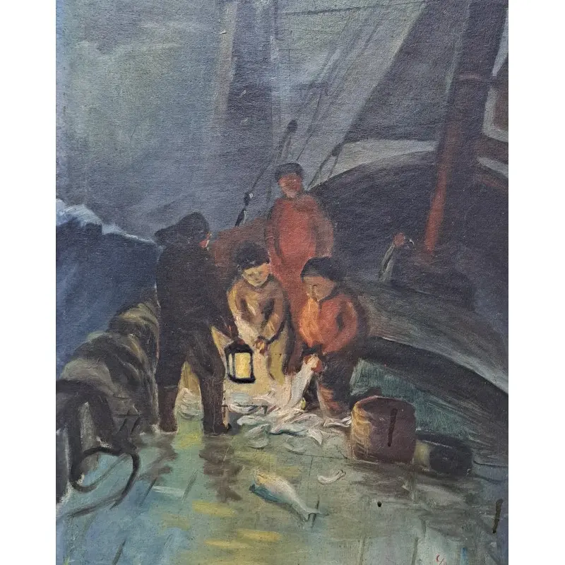 Óleo sobre lienzo, Pesca nocturna. Firmado M. Fradera, escuela catalana, Siglo XX · vista 9/11