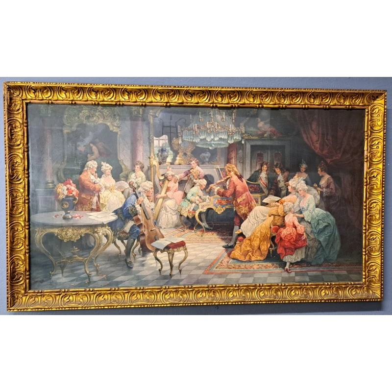 Gran litografía rococó 68,5 X 118 cm, decoración palaciega, Siglo XVIII