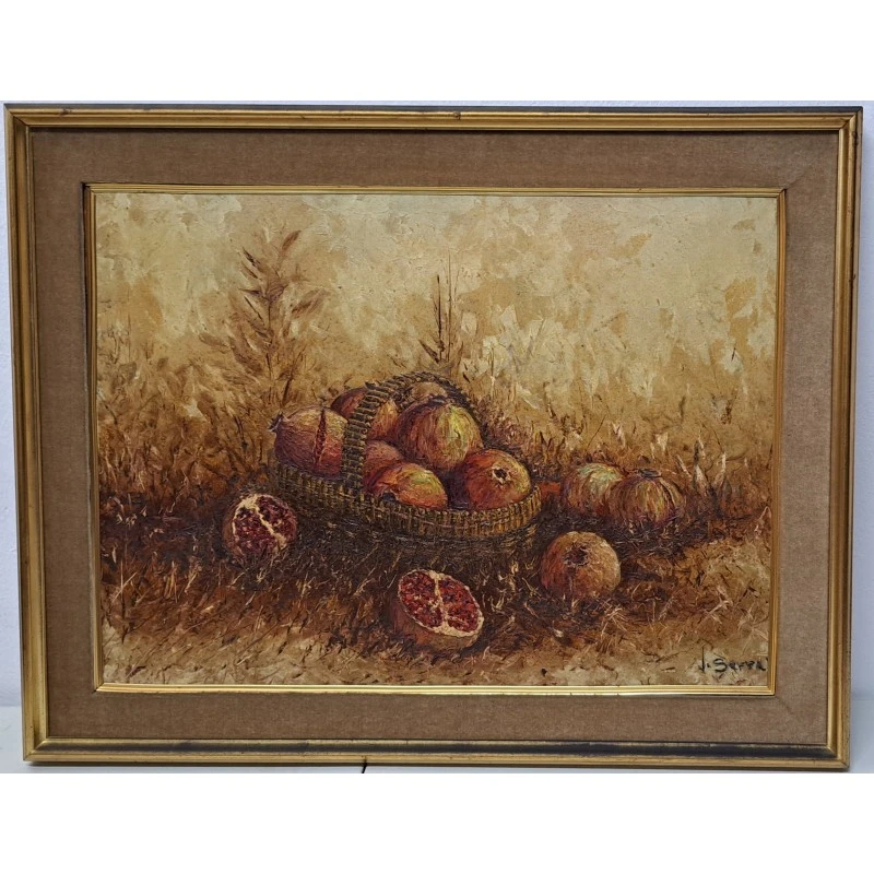 Oleo sobre lienzo, J. Serrat (cesta de granadas), pintor Catalán del siglo XX, Siglo XX